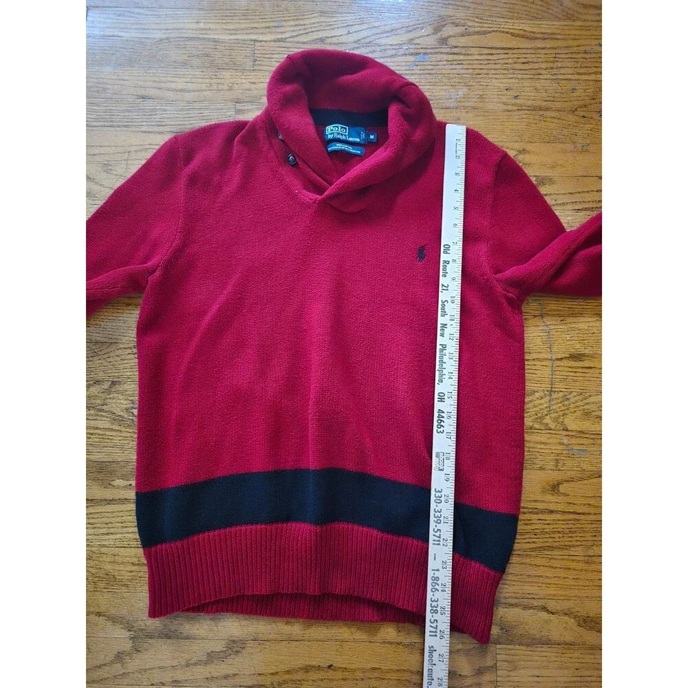 Polo Ralph Lauren Men's Shawl Collar Sweater Red Navy Striped Cotton Size Medium